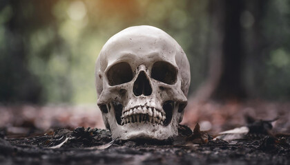 Skull on the ground in forest. Moody scenery. Dark background.