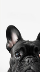 Fototapeta premium Digital photo of a French bulldog who is tired and lying, a bulldog on a white background in the background you need to leave space for text