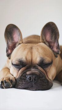 Digital photo of a French bulldog who is tired and lying, a bulldog on a white background in the background you need to leave space for text