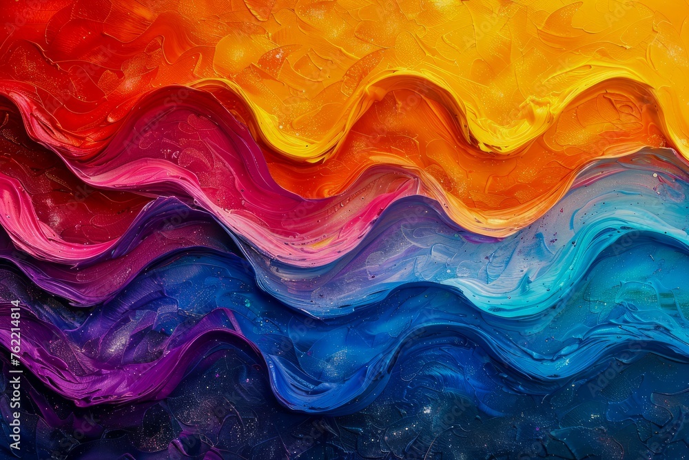 Poster vibrant abstract art with flowing waves of color, dynamic multicolor background, artistic paint text