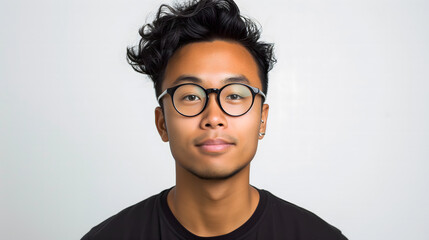 Un gros plan sur un jeune homme asiatique avec des lunettes rondes. - obrazy, fototapety, plakaty
