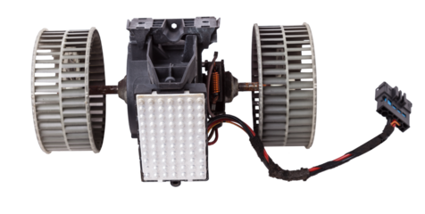 Heater fan - spare part and element of car air conditioning system on white isolated background. Auto service industry. Spare parts catalog.