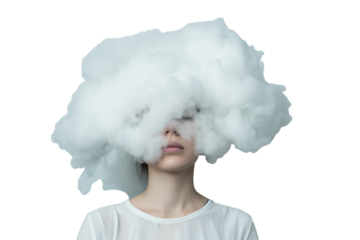 Woman with cloud head isolated on transparent background. Depression and mental health concept.