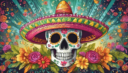 Fototapeta premium Illustration of skull with sombrero surrounded by beautiful flowers.