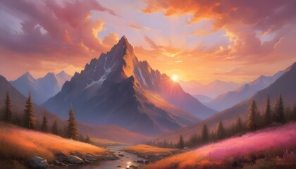 breathtaking beauty of a mountain sunset, where the sky transforms into a canvas of vibrant hues, painting the landscape with a mesmerizing display of colors - obrazy, fototapety, plakaty
