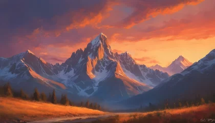 Papier Peint photo Lavable Aubergine breathtaking beauty of a mountain sunset, where the sky transforms into a canvas of vibrant hues, painting the landscape with a mesmerizing display of colors