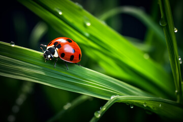 Obraz premium Red ladybug perched on a blade of grass, its bright red shell contrasting against the lush green leaf. Generative AI