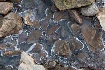 Transparent ice and gravel, frozen water in puddle