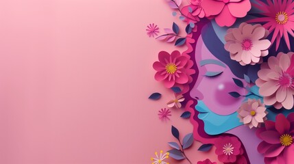 Illustration of face and flowers style paper cut with copy space for international women's day