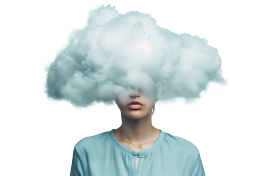 Woman with cloud head isolated on transparent background. Depression and mental health concept.