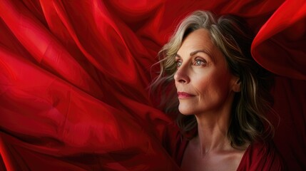 A woman exudes elegance and serene contemplation, enveloped in the luxurious folds of a scarlet fabric. Confident beauty in midlife. World Menopause Day. Menopause skincare, beauty and wellbeing