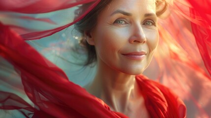 A woman exudes elegance and serene contemplation, enveloped in the luxurious folds of a scarlet fabric or wrapped in a red silk scarf. World Menopause Day. Menopause skincare, beauty and wellbeing