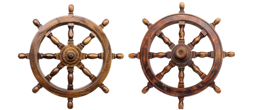 Antique wooden ship steering wheel with Transparent background