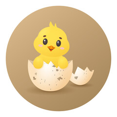 Cute yellow easter chick peeking from egg with egg shells. Vector illustration for spring holidays. Baby bird character.