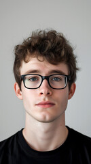 Un jeune homme européen portant des lunettes au format portrait.