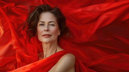 A woman exudes elegance and serene contemplation, enveloped in the luxurious folds of a scarlet fabric. Confident beauty in midlife. World Menopause Day. Menopause skincare, beauty and wellbeing - obrazy, fototapety, plakaty