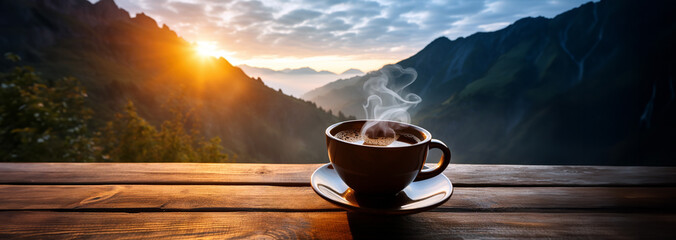 A cup of hot morning coffee with steam on a wooden table against a background of sunrise scene in the mountains. Wide scale panoramic image