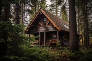 Rustic wooden cabin in the forest. Generative AI