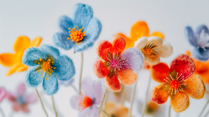 Handcrafted felt flowers in various colors on a white background. Close-up shot of delicate floral art. Springtime and crafts concept for design