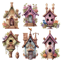 Ornate Victorian Birdhouses Watercolor Clipart 