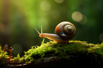 Small snail slowly traversing a moss-covered stone, its spiral shell gleaming in the soft light. Generative AI