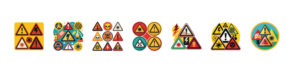 Caution warning signs set. Exclamation marks, Warning label, warning tape, danger signs vector. Set of Triangular Warning Hazard Signs, 