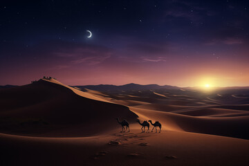 Surreal desert landscape under a starry sky, with towering sand dunes stretching into the distance....