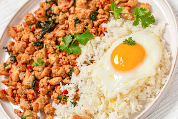 basil chicken stir fry with rice and fried egg
