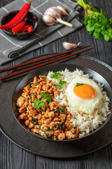 basil chicken stir fry with rice and fried egg