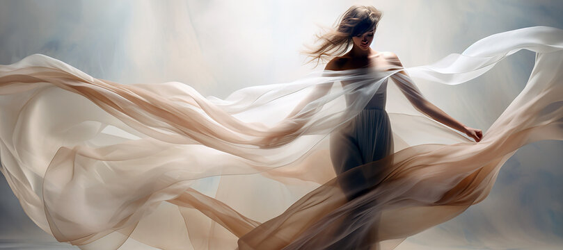 Fashion female model silhouette in a huge silk veil against a lit wall. Art photograph for backgrounds.