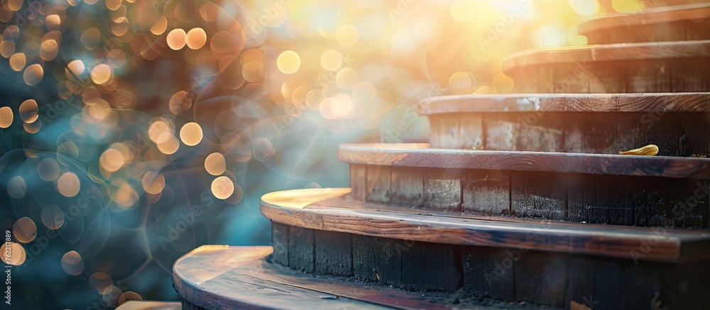 Poster a staircase set against a backdrop of trees with sunlight streaming through, creating a magical wood