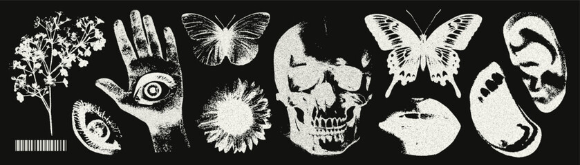 Trendy elements with a retro negative photocopy effect. y2k elements for design. Skull, flowers, butterflies, hand, mouth, eye, lips, ear. 