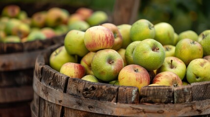 Organic Apples in a Wooden Barrel. Generative AI