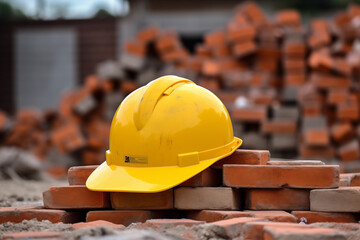 Protective yellow hard hat resting on a pile of bricks at a construction site. Generative AI
