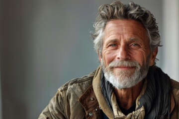 Obraz premium Elderly man smiling at camera. A close-up portrait of an elderly, man with a warm smile, wearing fashionable clothes.