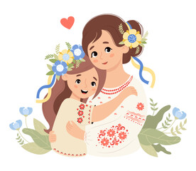 Cute Ukrainian mother and daughter in traditional clothes embroidered shirt with floral wreath with yellow-blue ribbons. Vector illustration. Festive happy female national character family