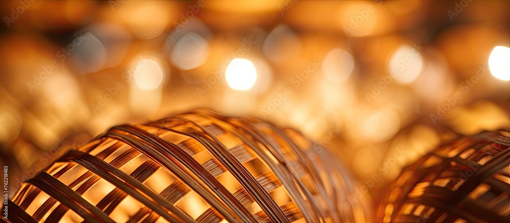 Poster a closeup shot of wicker balls with ambient amber lights, creating a stunning pattern. perfect for s