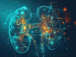 Holographic Kidney: Visualizing Anatomical Organ Structure with Illuminated Points and Lines - Exploring Excretory System Health, Modern Medicine, and Technological Advancement. AI - obrazy, fototapety, plakaty