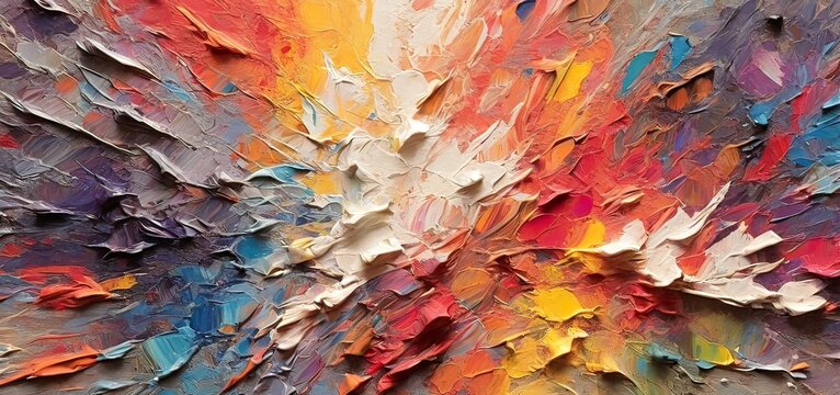 Closeup of abstract rough colorful bold rainbow colors explosion painting texture, with oil brushstroke, pallet knife paint on canvas - Art background illustration