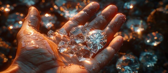Gems in the hand in close-up against the background of a handful of rough diamonds. Panoramic banner - obrazy, fototapety, plakaty