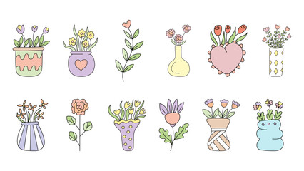 Vase with flowers in doodle style set.