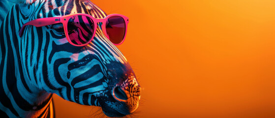A striking image of a zebra sporting fashionable pink sunglasses against a vibrant orange background, creating a cool and quirky vibe