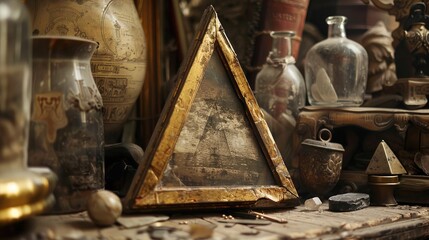 Amidst a collection of curiosities, a triangular golden frame holds a faded image of a distant...