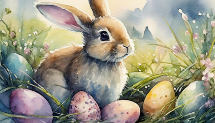 Easter bunny with easter eggs, watercolor illustration