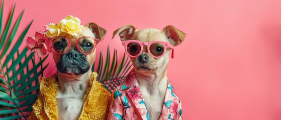 Pair of adorable dogs dressed in tropical outfits and sunglasses posing playfully against a pink background
