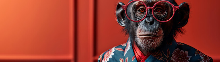 A playful pup monkey sporting funky sunglasses and a multi-colored scarf against a blurred background