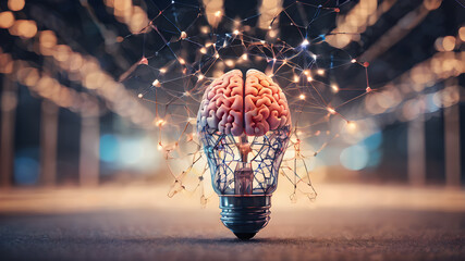 Creative concept of human brain in light bulb. AI generated image. Creative brain Idea and light bulb concept ,Business and education concept