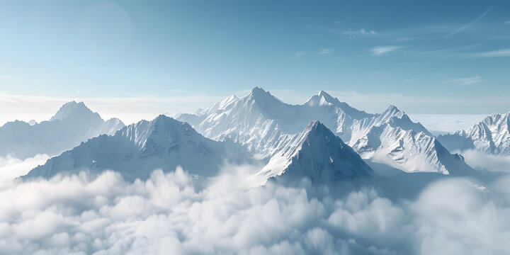 beautiful panoramic view of snowy mountains in clouds