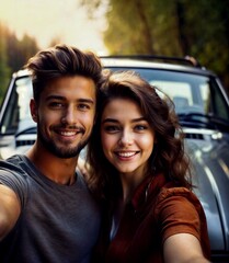 Fototapeta na wymiar A beautiful young couple in front of their car. Traveling by car.