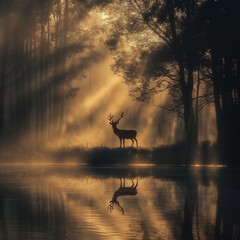 Wild Male deer by the river in deep forest at misty golden morning light 